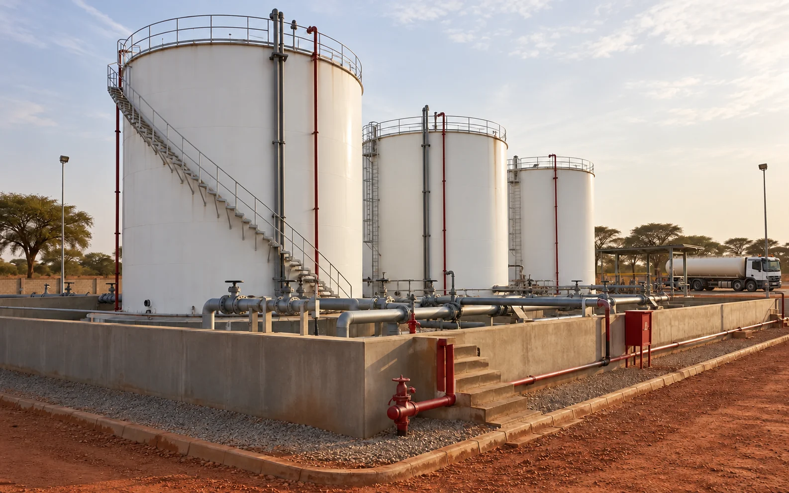 Cuves de stockage, tuyauteries et bassins de rétention dans un dépôt malien