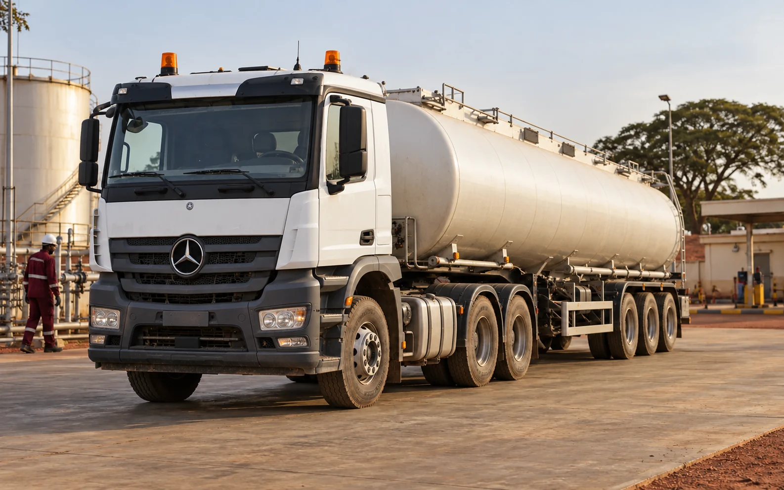 Tracteur lourd et citerne pétrolière sur une aire logistique au Mali