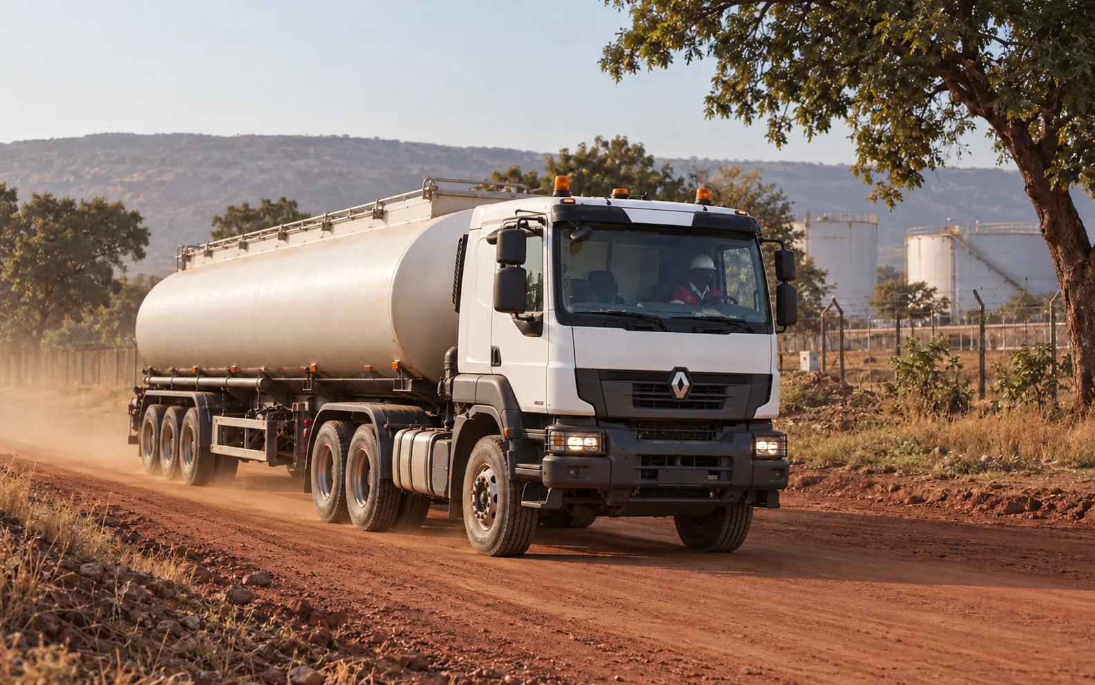 Camion-citerne renforcé sur une piste latéritique du sud du Mali