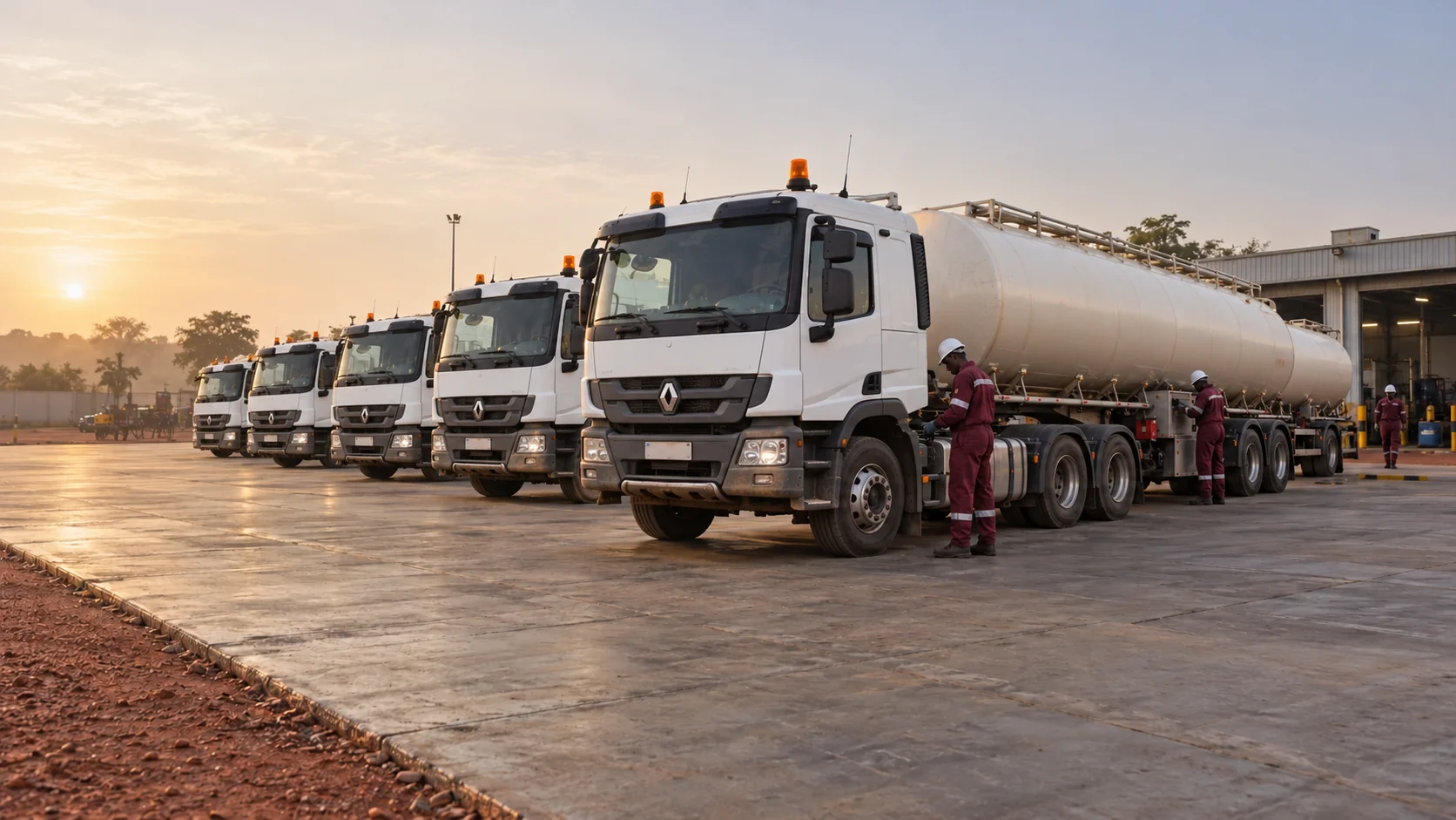 Alignement de tracteurs lourds et de citernes dans un dépôt au Mali