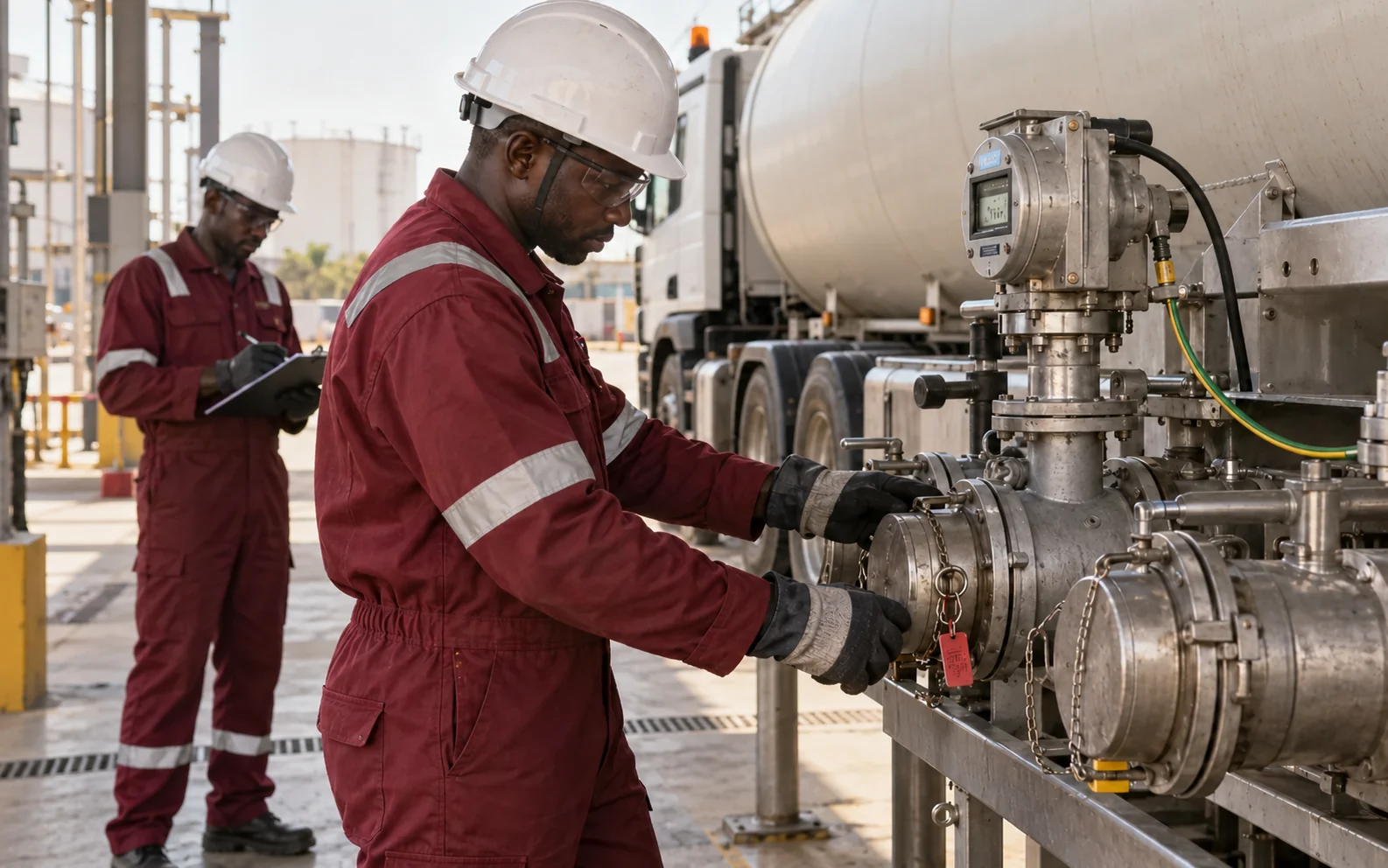 Techniciens maliens contrôlant le compteur et les raccords d’une citerne